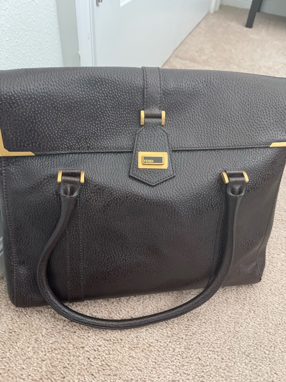 Fendi Dark Brown Pebbled Leather Tote with Gold Hardware